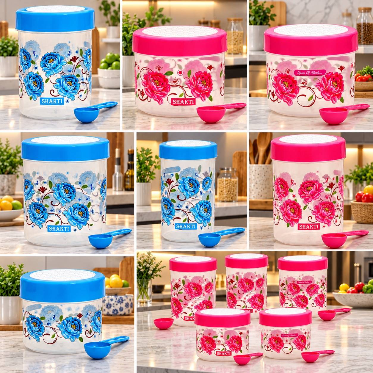Blue plastic storage products arranged on shelves